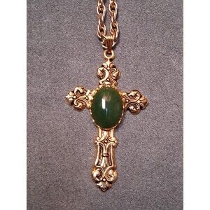 Vintage Large Cross Necklace Green Stone